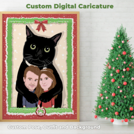 Custom couple caricature with cat hugging them