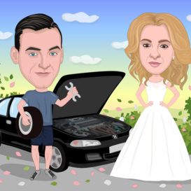 Funny Couple Wedding Caricature With Car