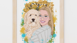 Custom cartoon-watercolor pet portrait of girl and dog