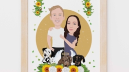 Custom Cartoon Couple Floral Portrait With Dogs - Birthday Gift Idea For Him