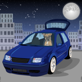 Custom dog portrait in car - cartoon drawing from photos