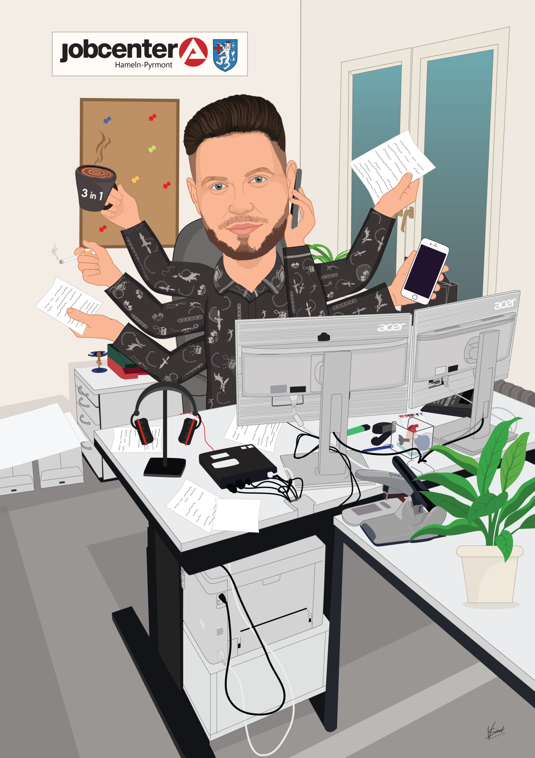 Custom Multitasking Man Office Caricature from Photo - appreciation gifts for coworker